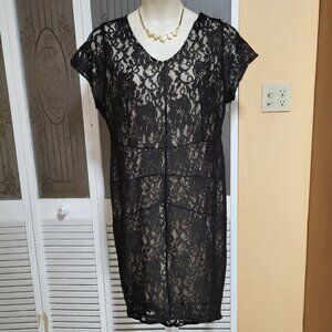 Lane Bryant "NEW" Lined Black Gold Midi High-Low Hem Laced Shift Dress